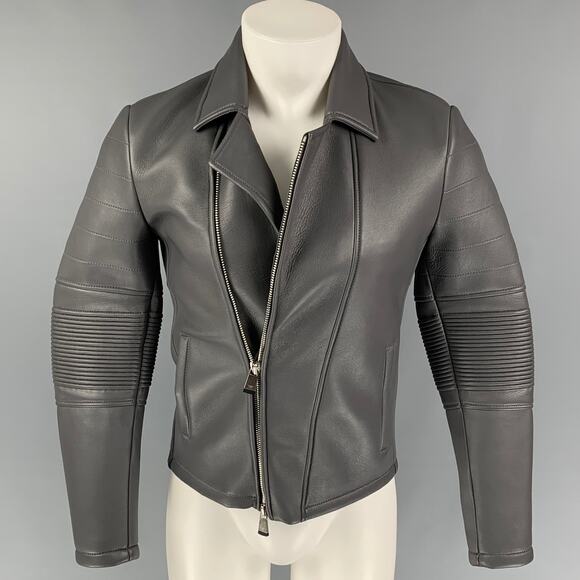EMPORIO ARMANI Size 34 Grey Leather Biker Jacket - Picture 1 of 1